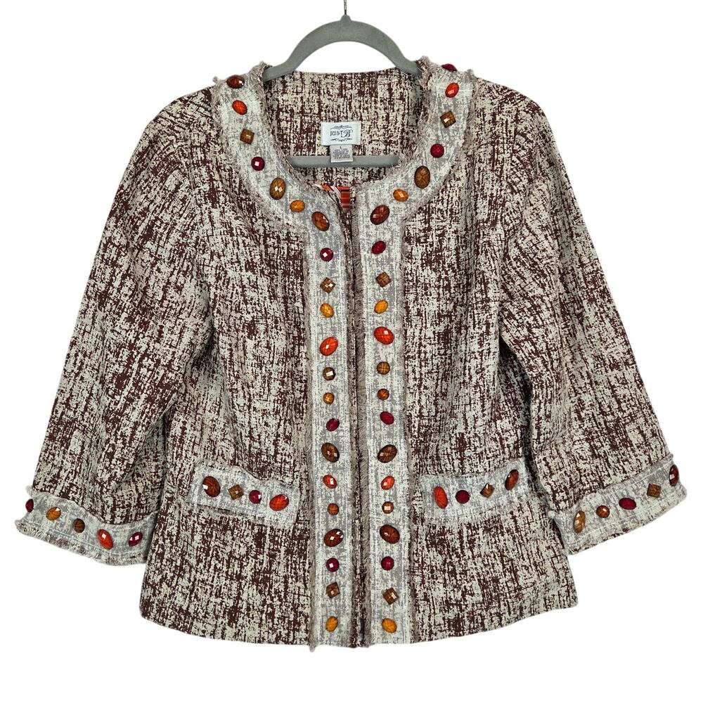 Just B Linen Fringe Blazer L Boho Artsy Jewel Beaded Mesh Lace Snap Close Jacket